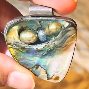 Sterling Silver, Abalone Shell, And Tahitian Pearl Pendant Signed By Artist